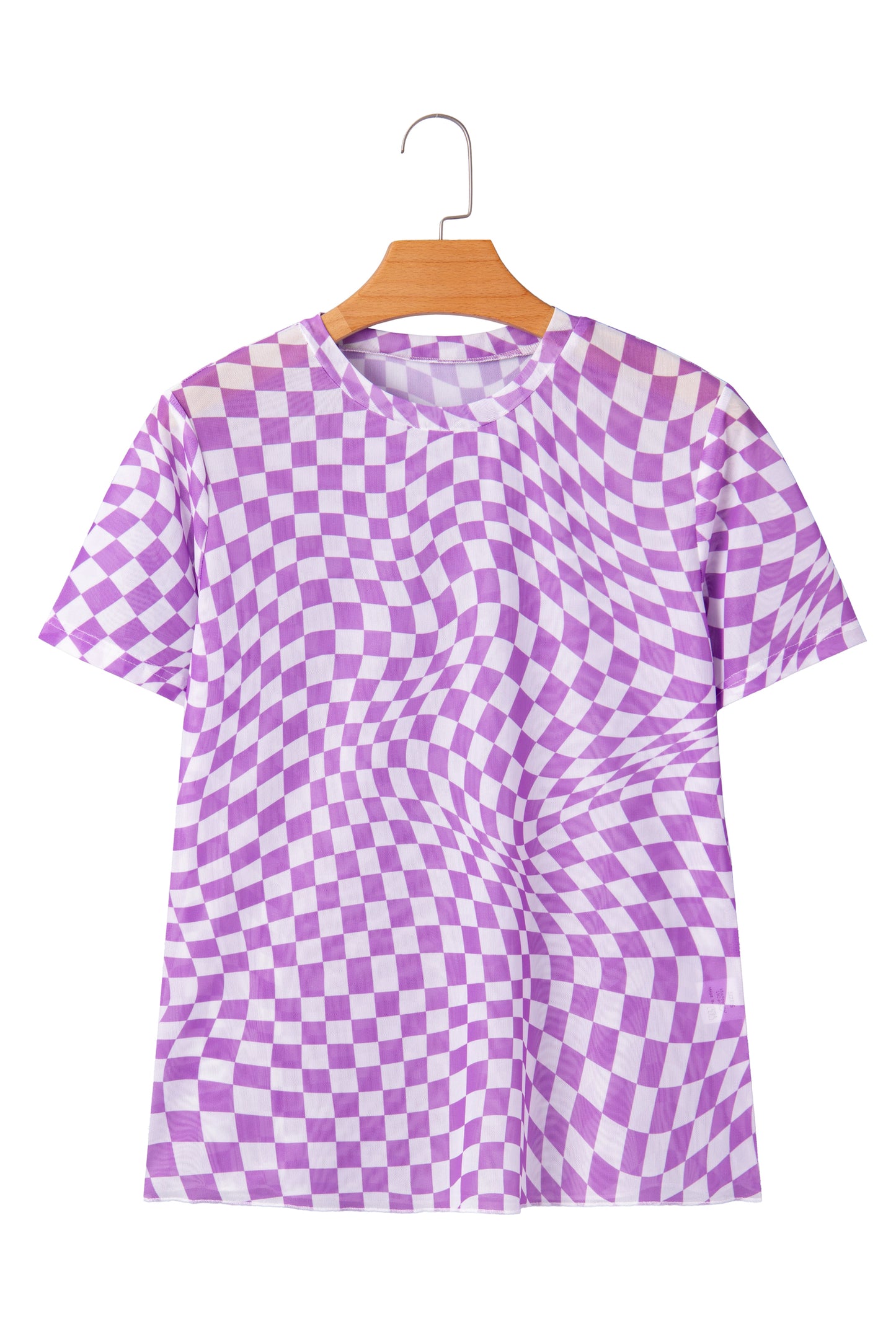 Purple Checkered Print Crew Neck Mesh T Shirt