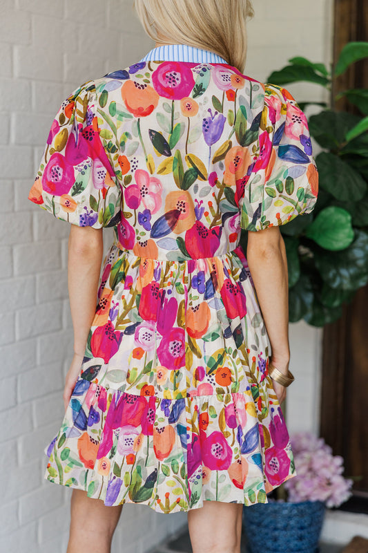 Rose Bright Floral Print Ricrac Trim Striped Patchwork V Neck Dress