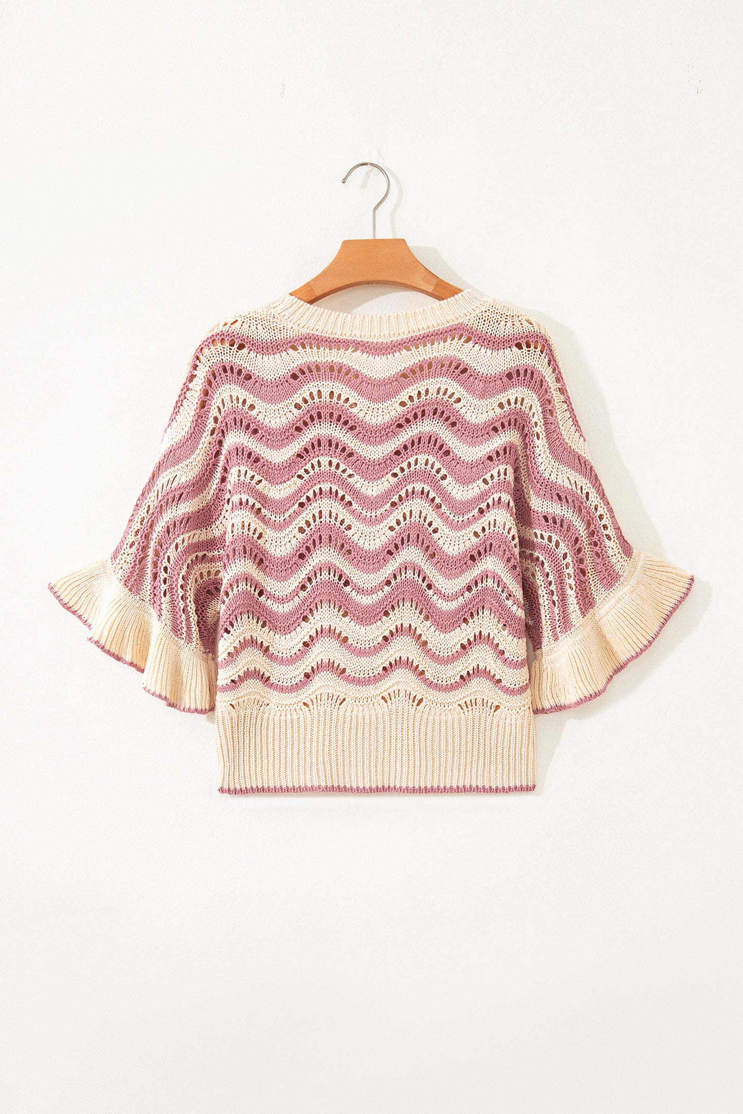 Beige Stripe Wavy Crochet Eyelet Detail Ruffle Half Sleeve Sweater