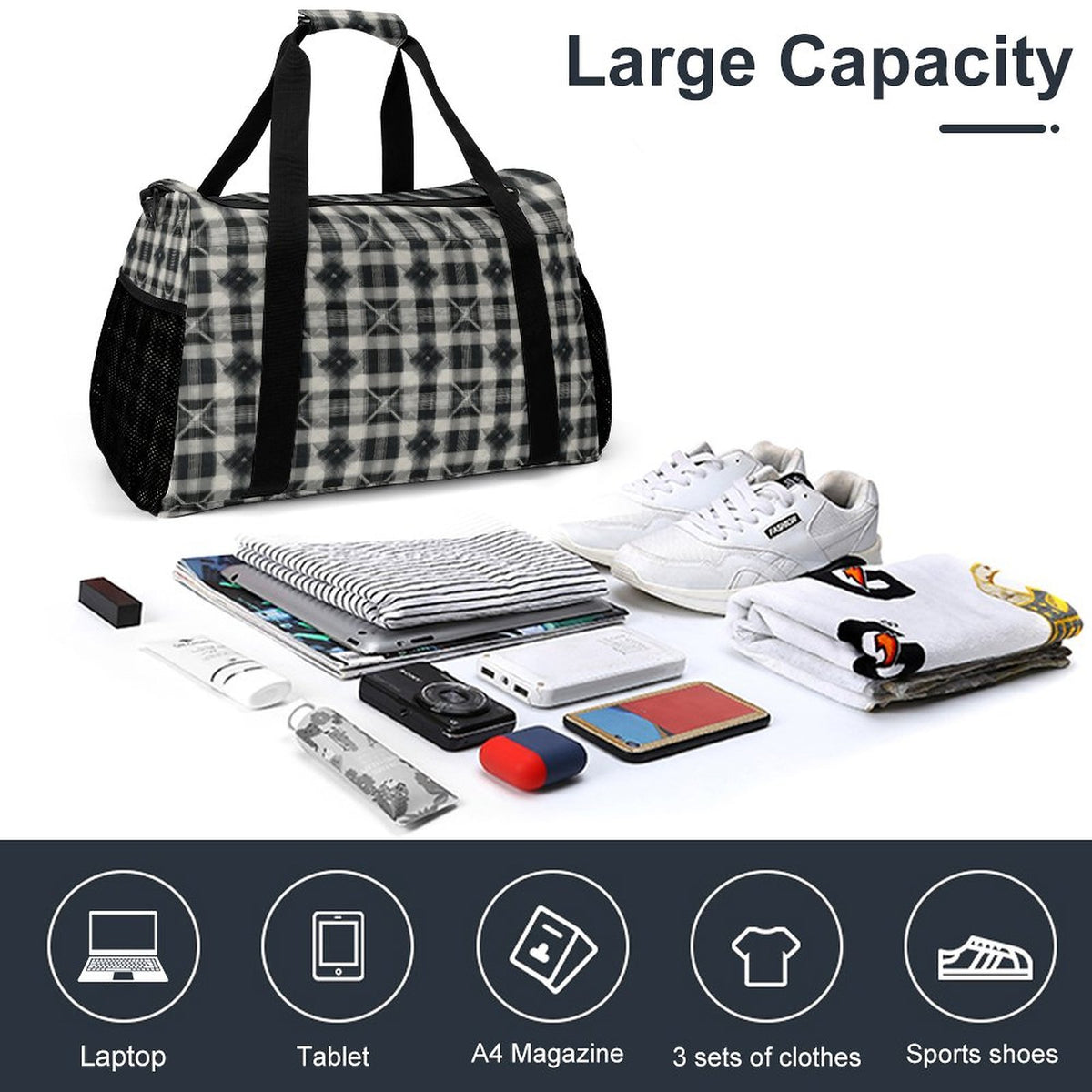 Travel Duffel Bag - Black and White