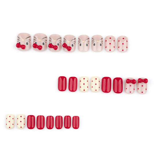 Autumn and winter sweet cat press-on nails three-dimensional point diamond bow removable manicure red polka dot – Image 2