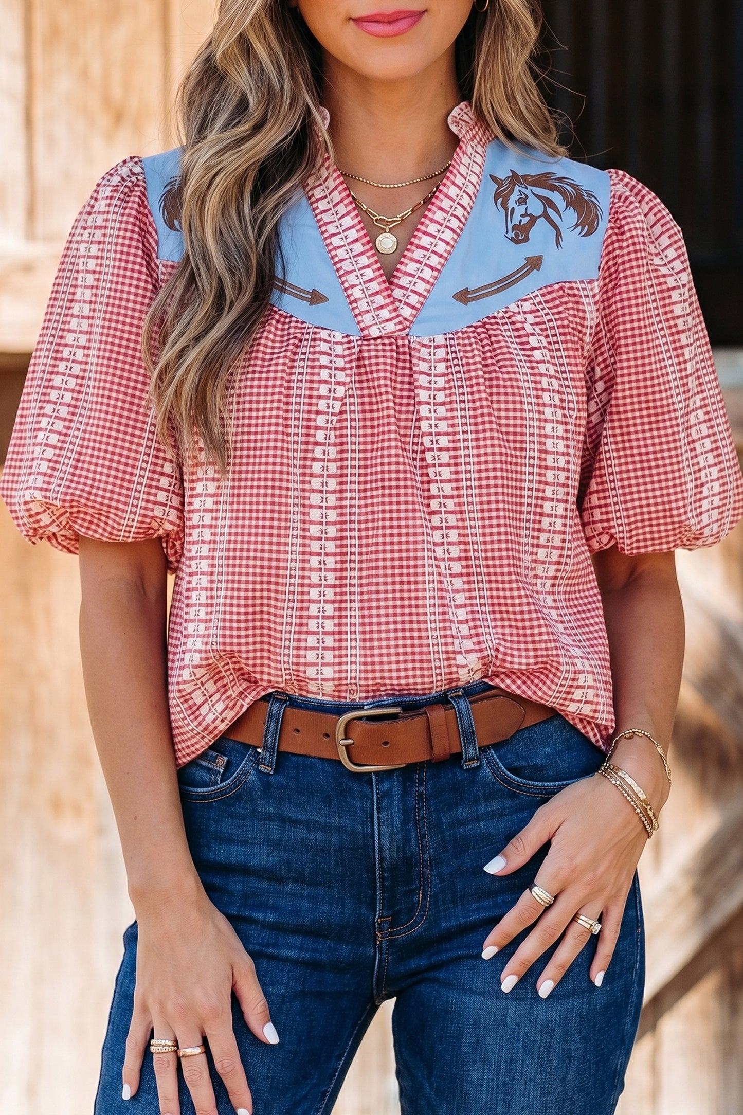 Red Western Pony Embroidered Yoke Puff Sleeve Gingham Blouse