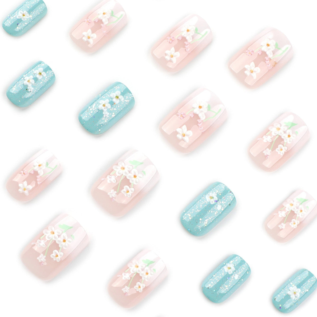 3D fresh flower manicure medium and long white gradual change press on nails fake nail square press on nails – Image 3