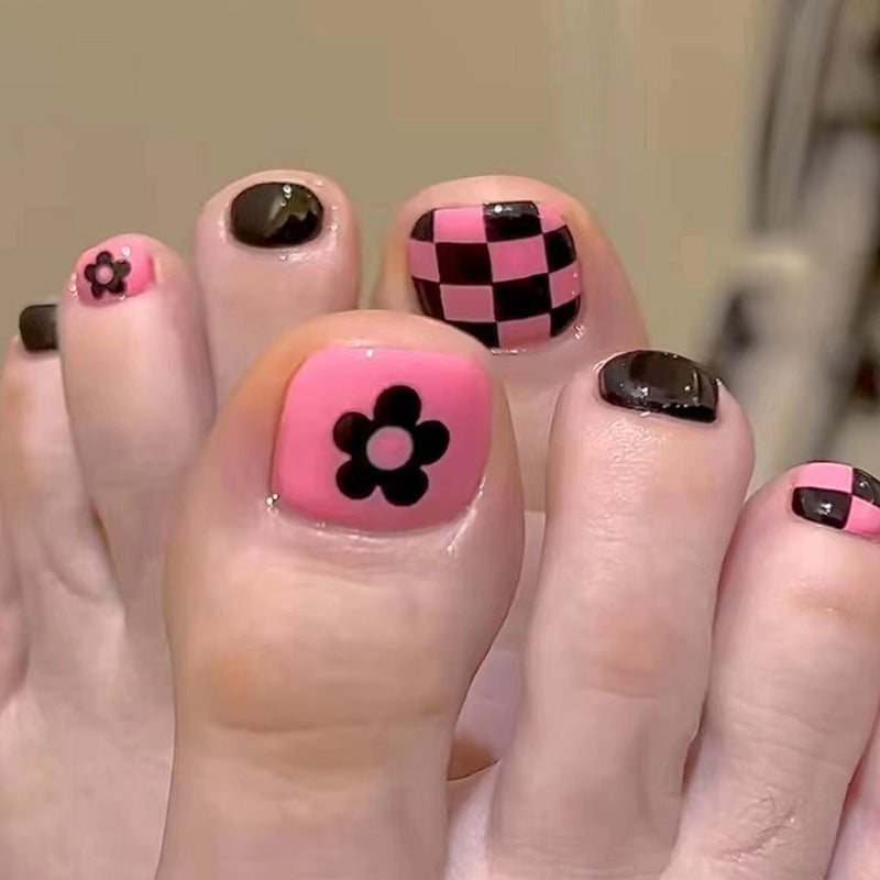 Press-on toenails flower checkerboard nail art sweet cool white black pink Press-on toenails press-on nails removable