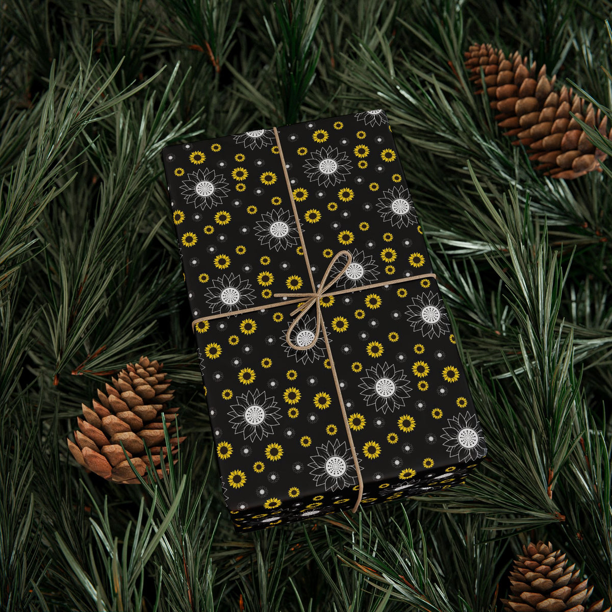 Sunflower Doodles Wrapping Paper Roll — Black & Yellow Floral Gift Wrap