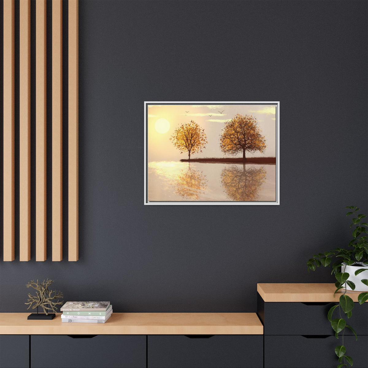 Framed Matte Canvas Wall Art — Golden Autumn Trees Reflection