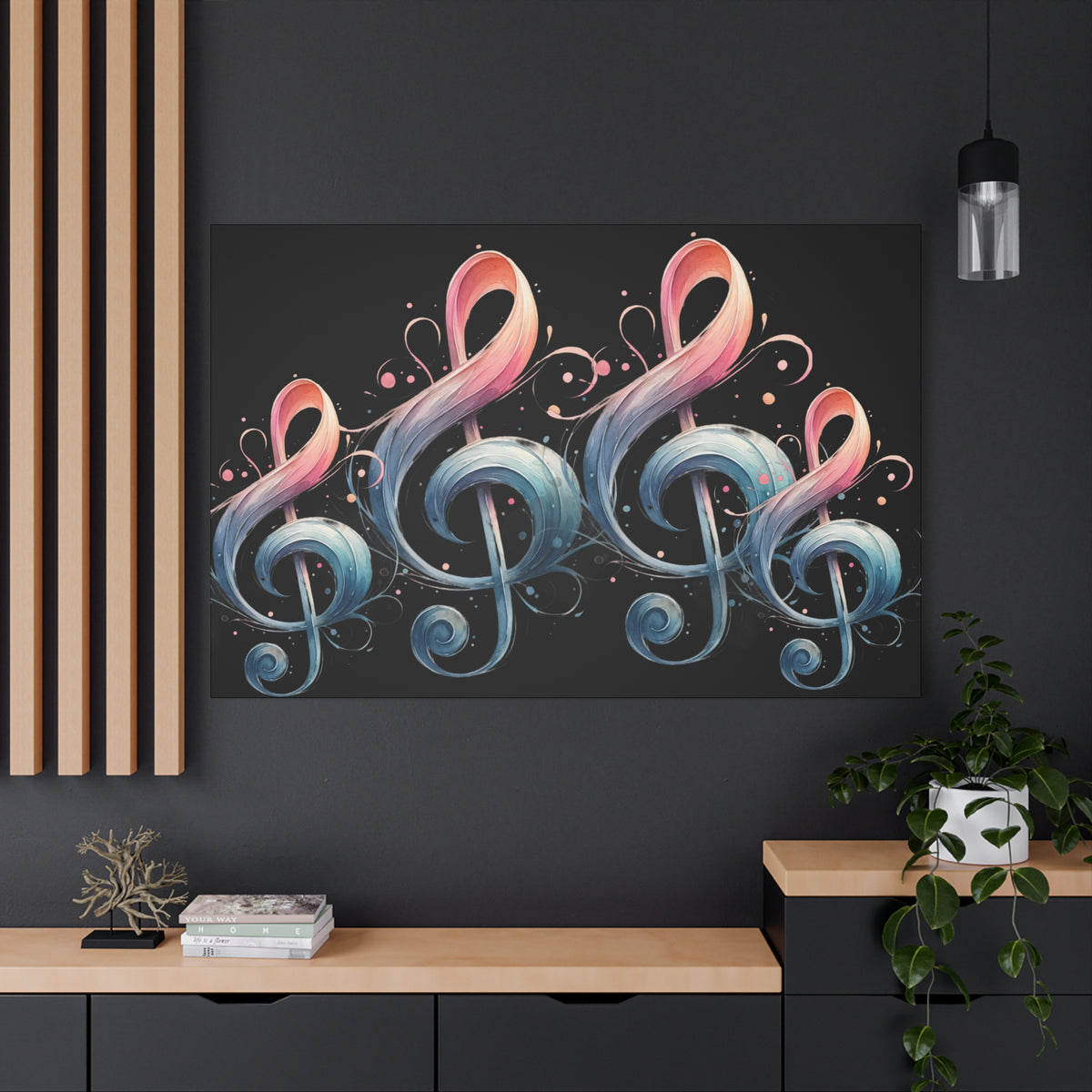 Musical Treble Clef Canvas Wall Art — Pastel Ribbon Notes on Black