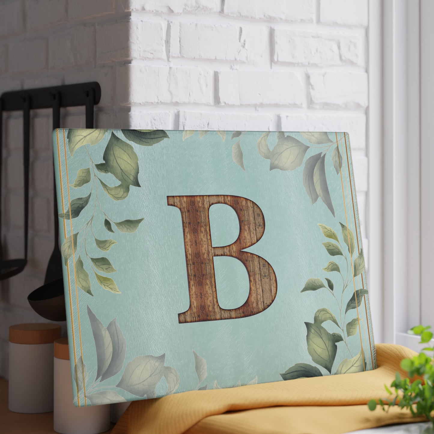 Monogram Glass Cutting Board - Botanical Initial "B" with Rustic Wood Letter