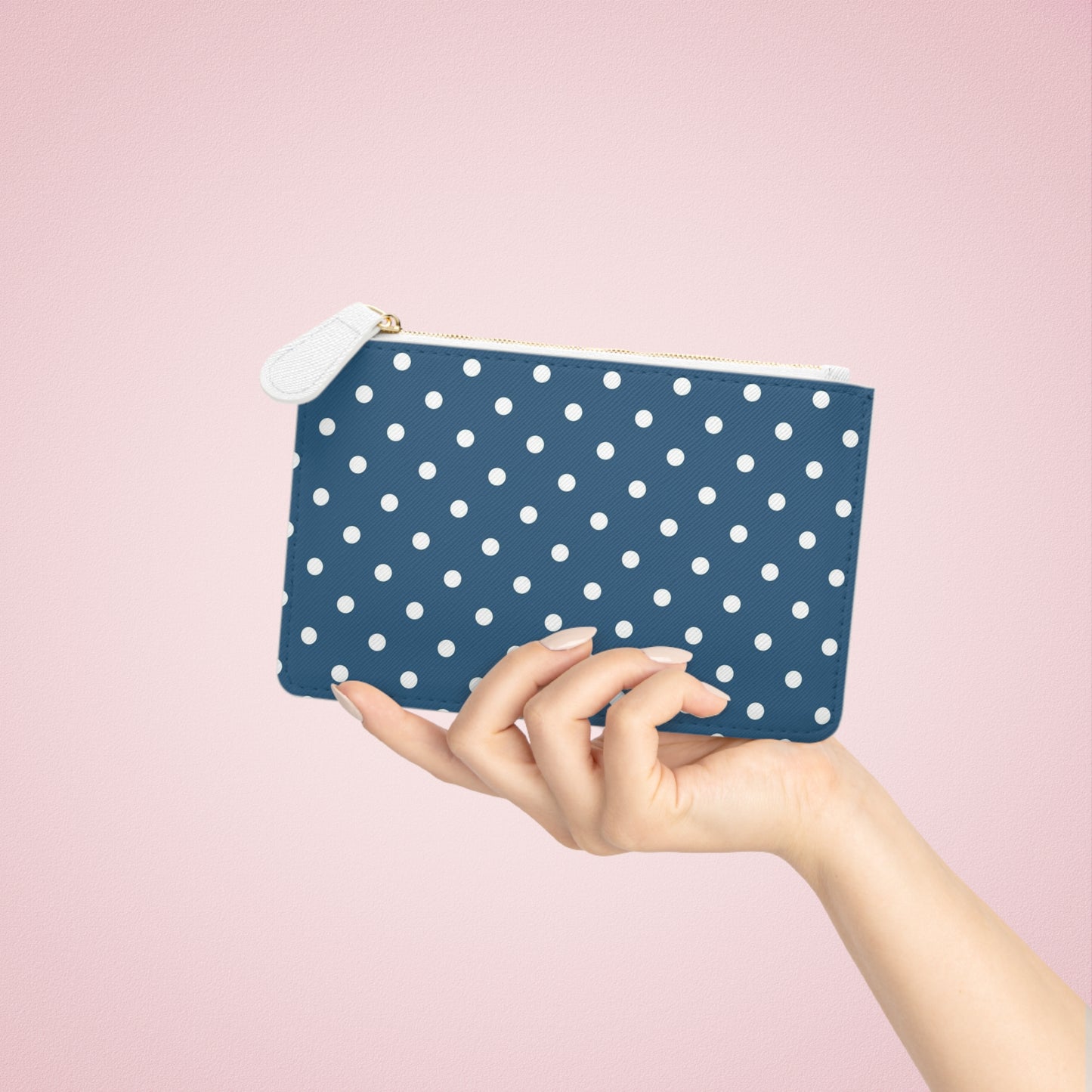 Polka Dot Mini Clutch Bag — Navy Blue White Dot Zip Pouch