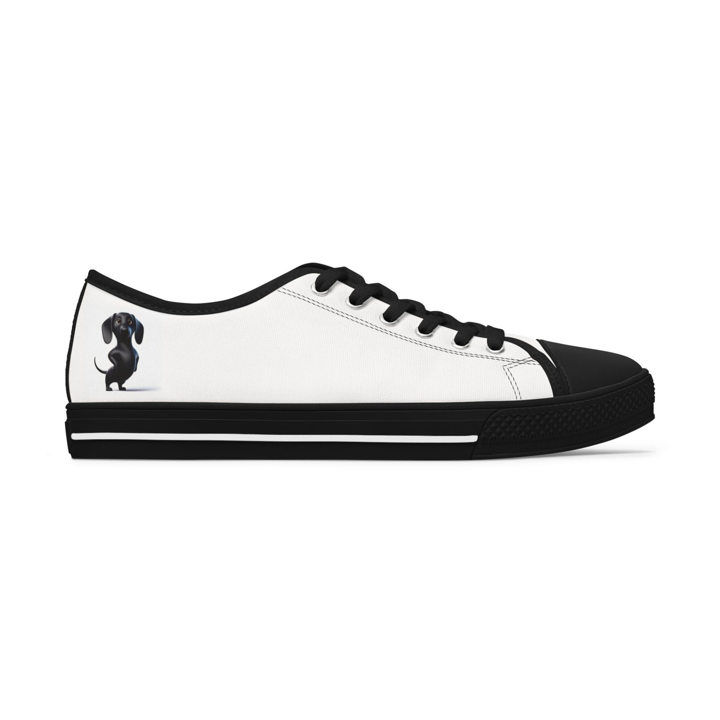 Low Top Sneakers — White Casual Women's Canvas Shoes with Small Black Cat Silhouette
