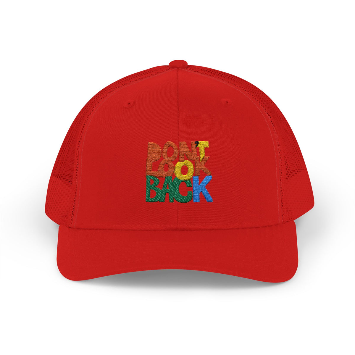 Don’t Look Back Snapback Trucker Cap — Retro Rainbow Embroidered Hat