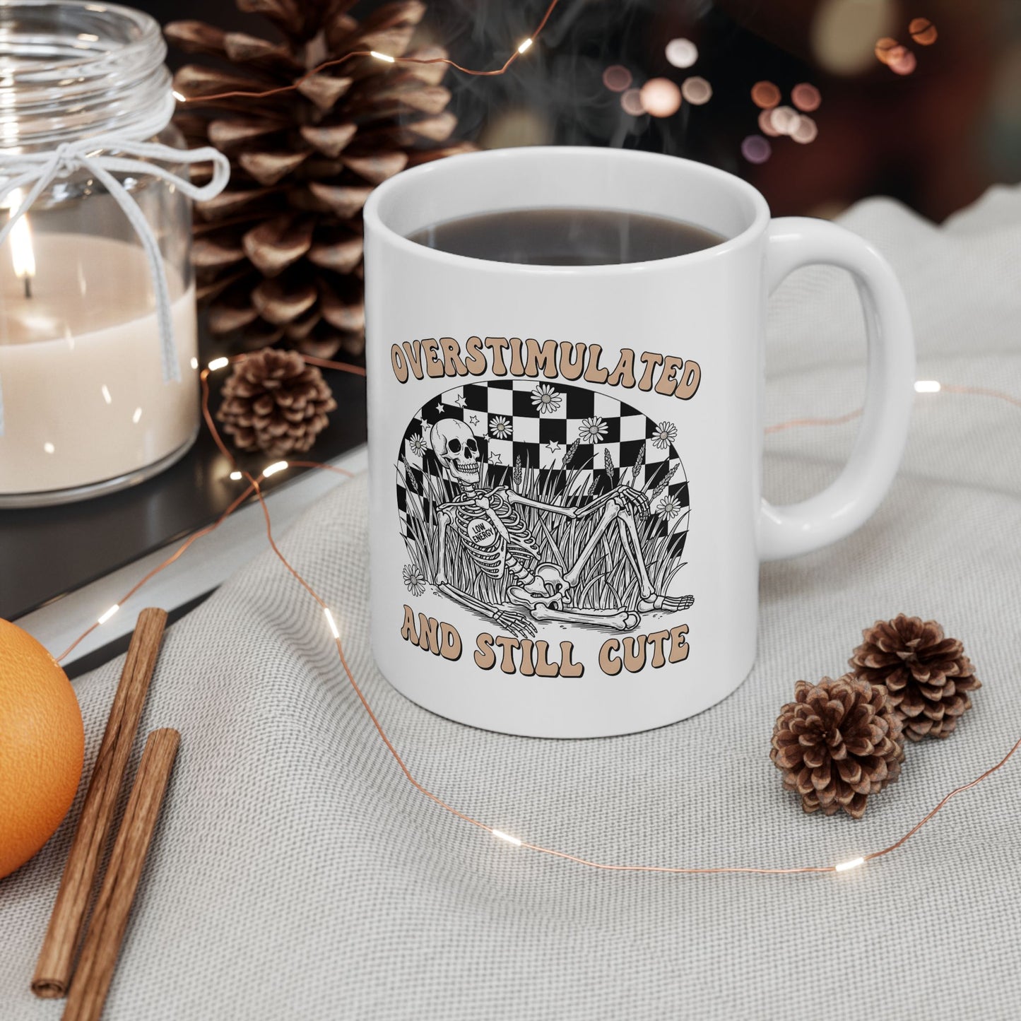 Ceramic Mug — “Overstimulated and Still Cute” Retro Checker Skull Coffee Cup (11oz & 15oz)