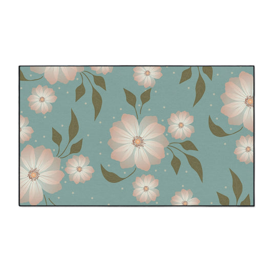 Floral Heavy-Duty Floor Mat — Teal Pastel Blossom Rug for Entryway & Kitchen