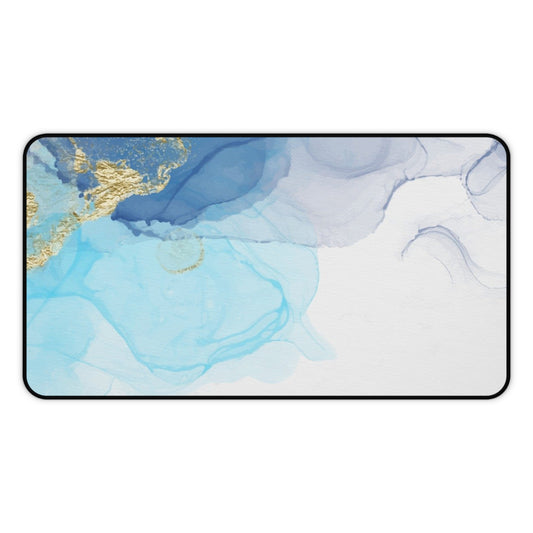 Ocean Blue Marble Desk Mat — Abstract Gold Accent Mouse Pad