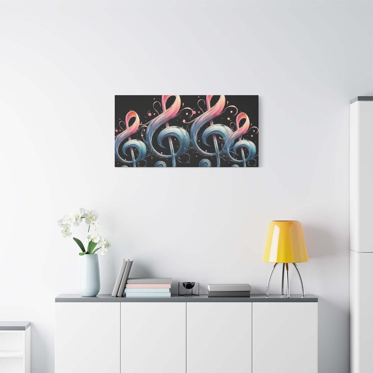 Musical Treble Clef Canvas Wall Art — Pastel Ribbon Notes on Black