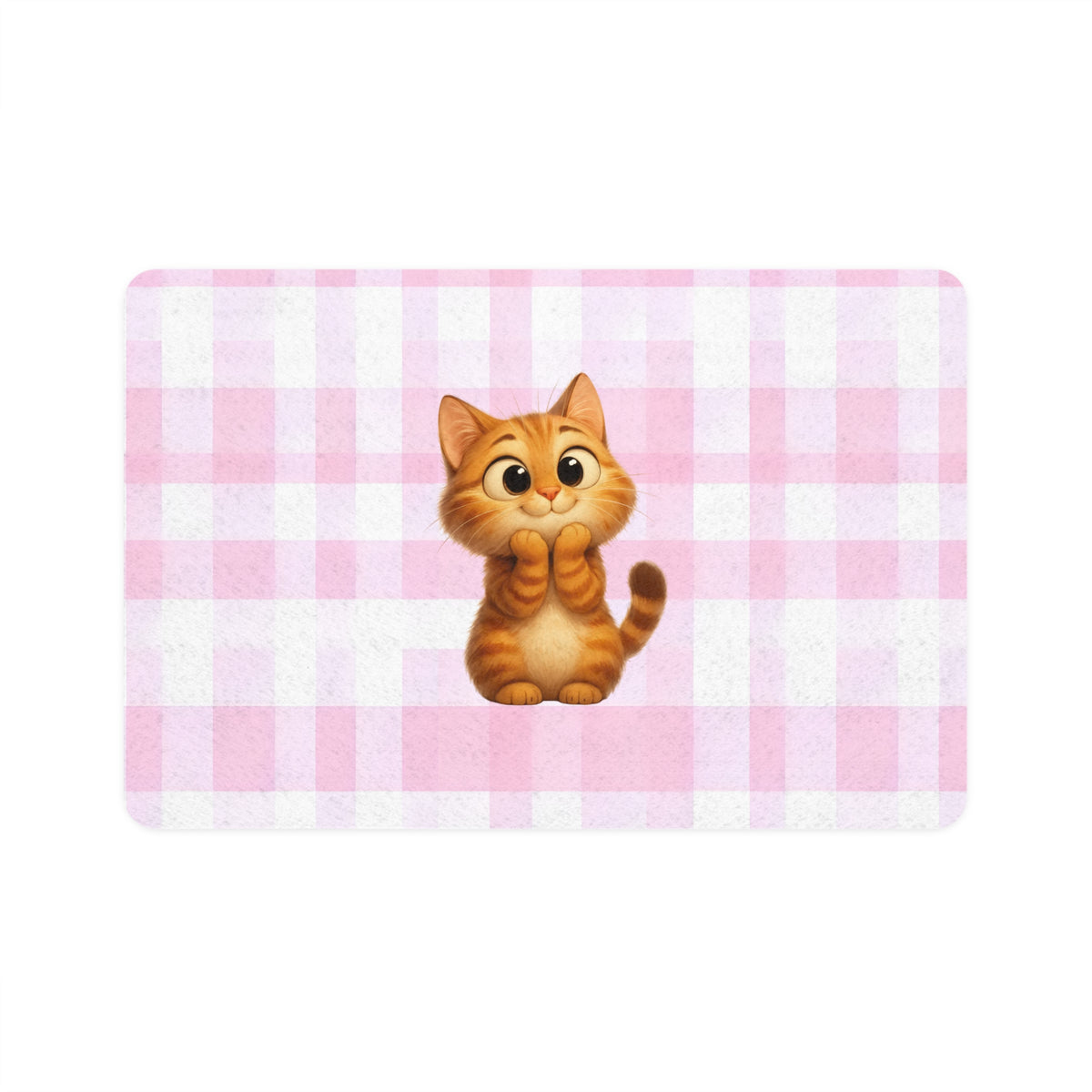 Cute Ginger Kitten Pet Food Mat (12x18) — Pink Gingham Cat Feeding Mat