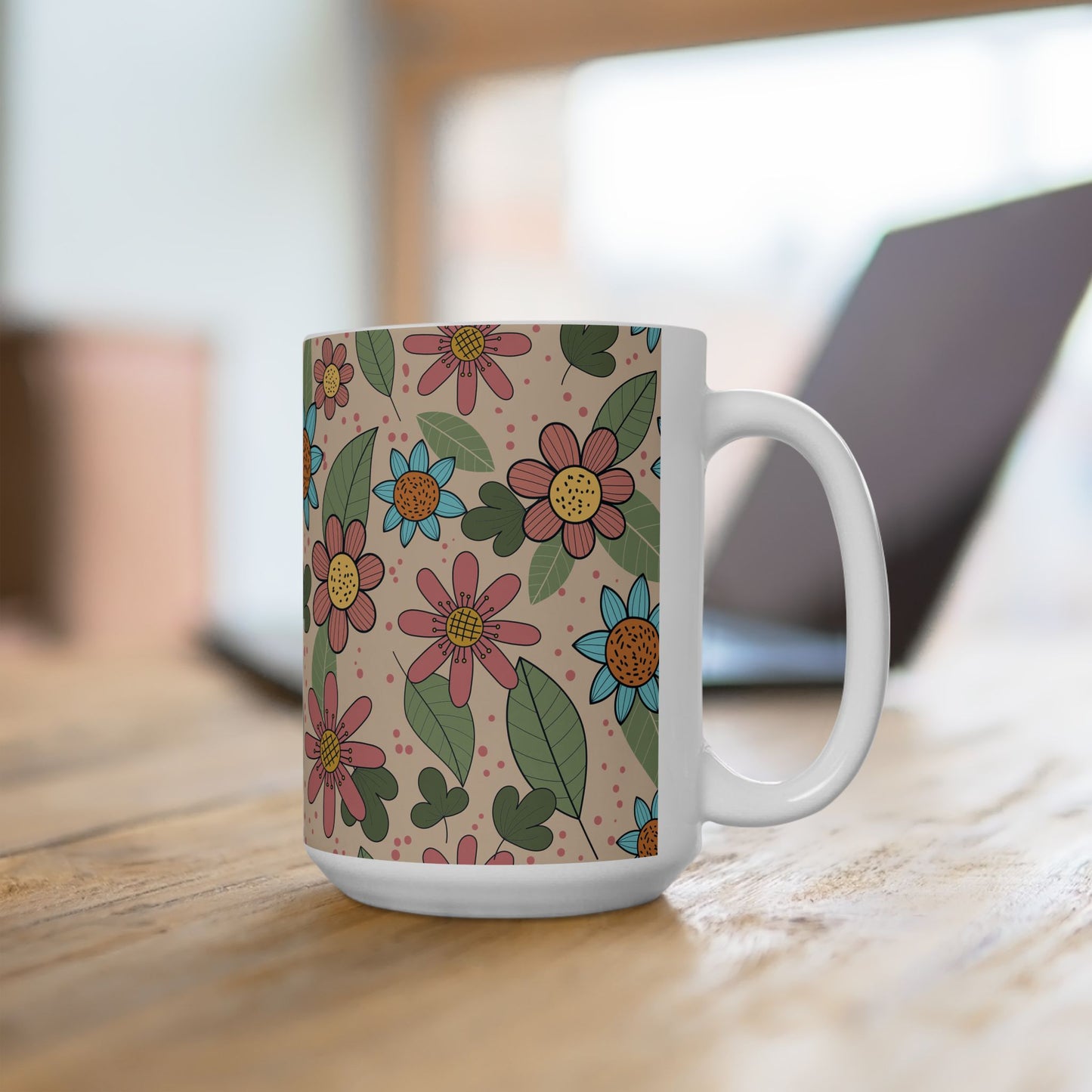 Floral Doodle Ceramic Mug – Retro Flower Pattern Coffee Cup (11oz & 15oz)