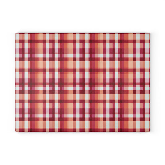 Plaid Glass Cutting Board – Warm Red & Peach Patterned Kitchen Board