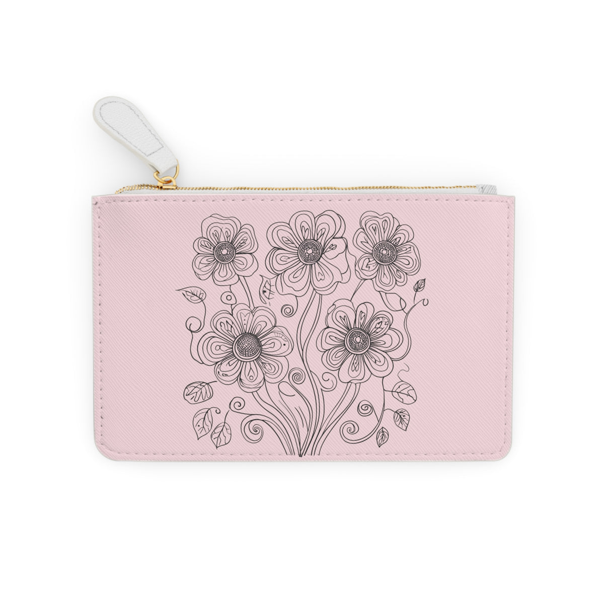 Floral Mini Clutch Bag — Pink Hand-Drawn Flower Zipper Pouch