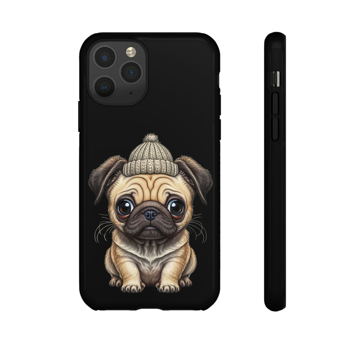 Pug Phone Case – Cute Pug Puppy Illustration on Black Tough Case