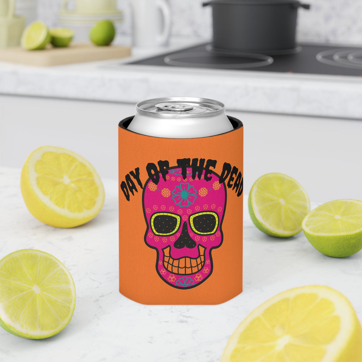 Vibrant Day of the Dead Can Cooler, Mexican Fiesta Drink Sleeve, Party Accessory, Halloween Celebration, Gift for Him/Her