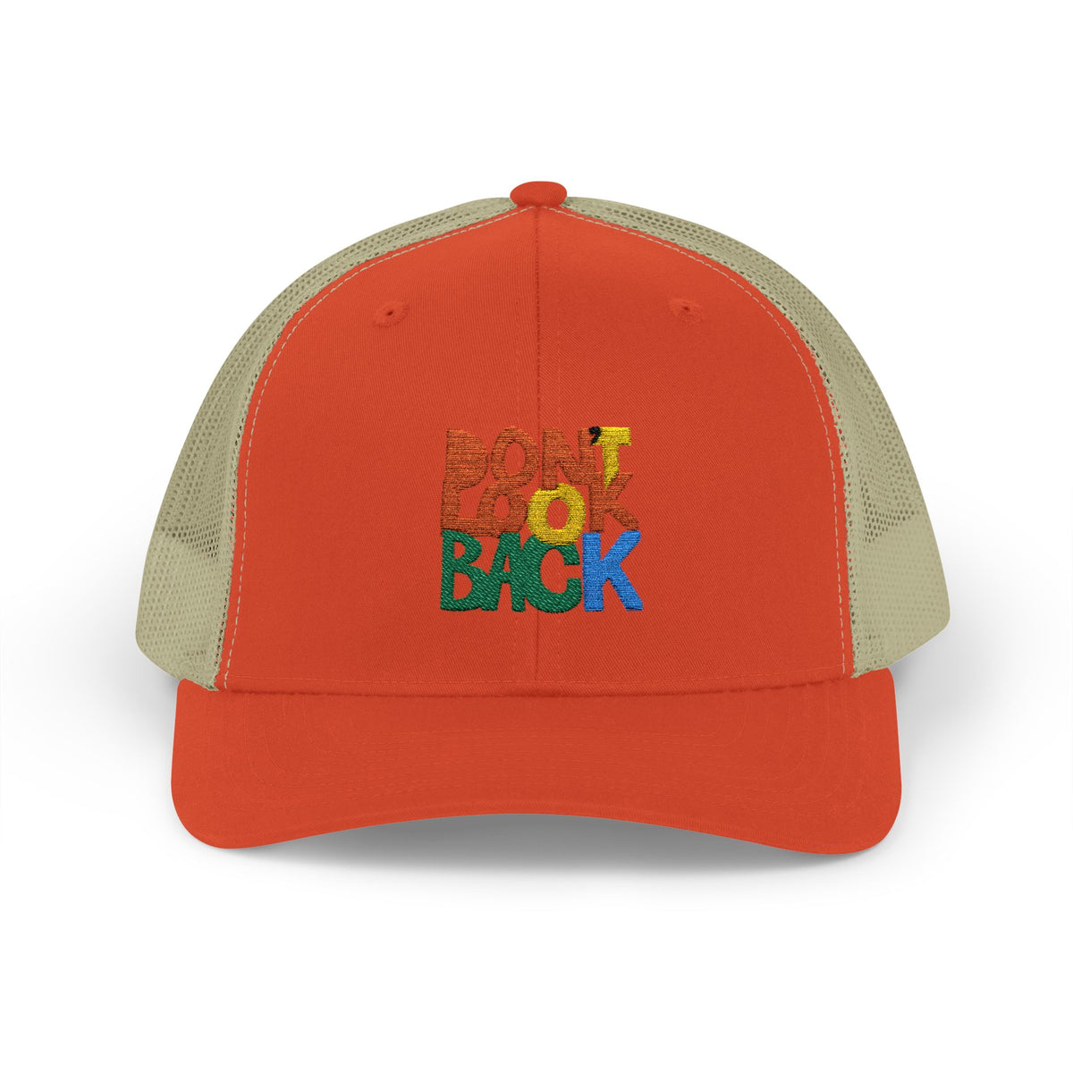 Don’t Look Back Snapback Trucker Cap — Retro Rainbow Embroidered Hat