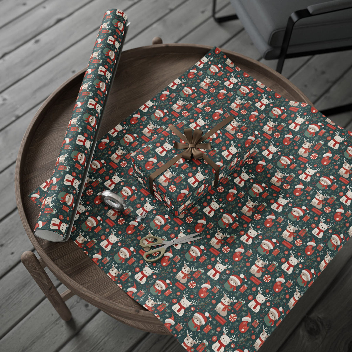 Christmas Wrapping Paper Roll — Cute Santa & Reindeer Pattern, Holiday Gift Wrap