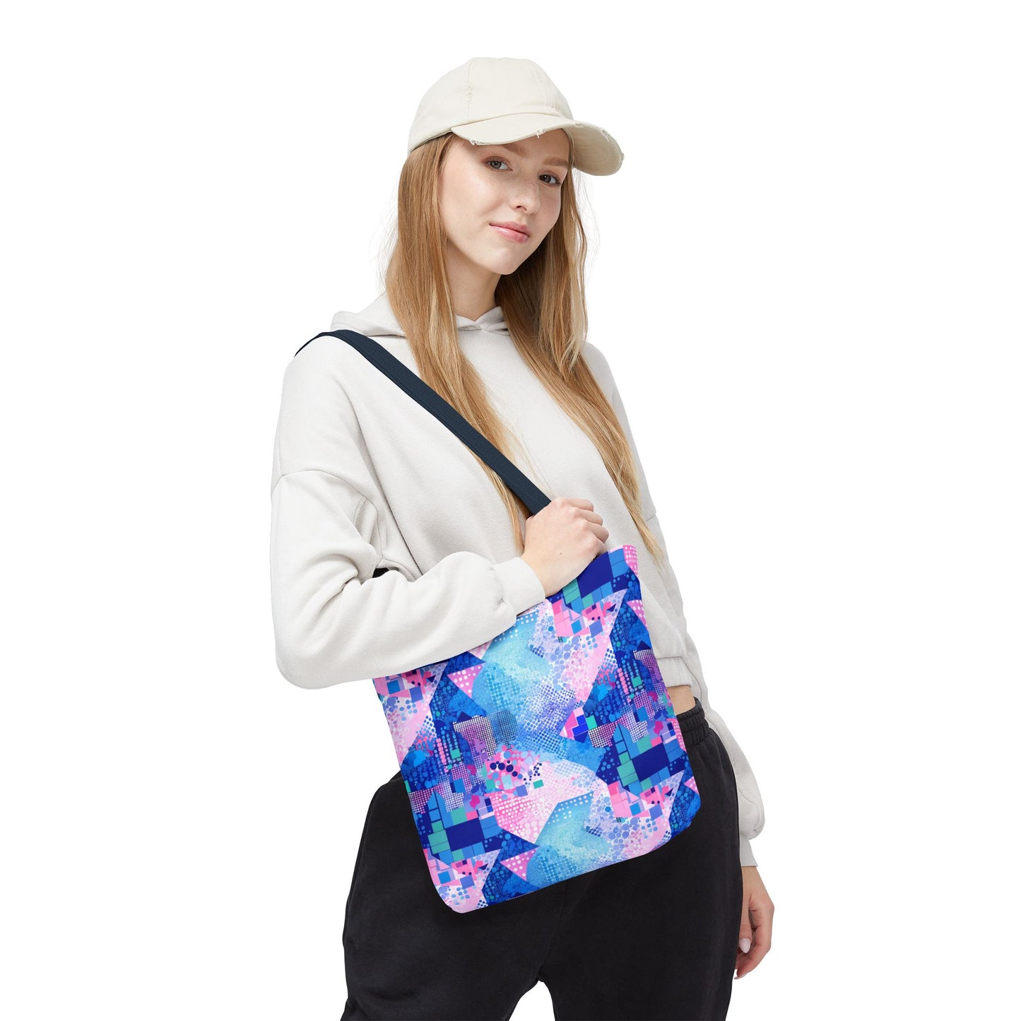 Abstract Blue Pink Geometric Tote Bag — Colorful Patterned All-Over Print Tote