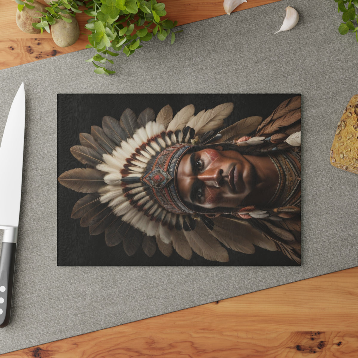 Handcrafted Glass Cutting Board with Native American Headdress Design, Chef Gift, Kitchen Decor, Unique Housewarming Gift, Functional Art
