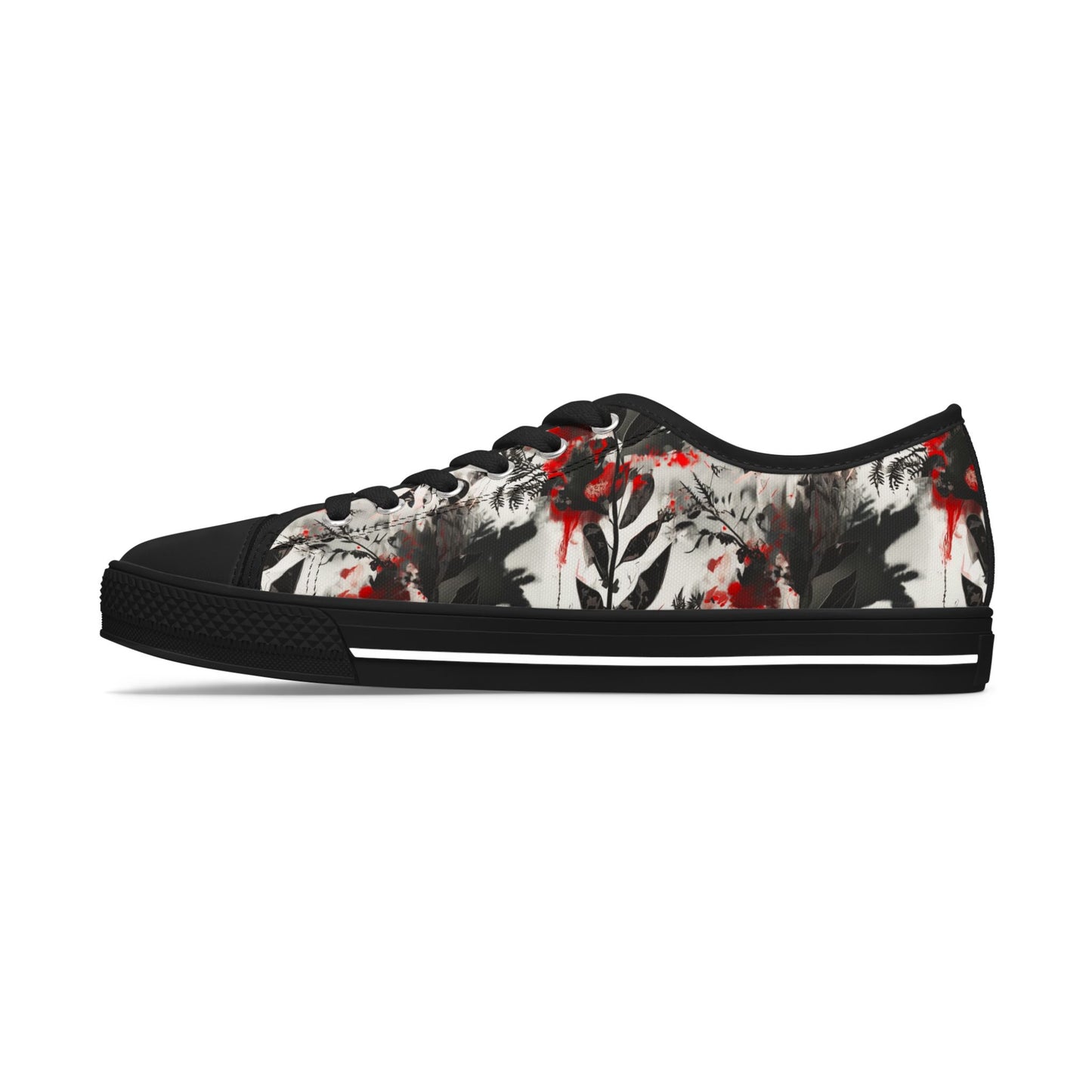 Floral Ink-Blend Low Top Sneakers — Artistic Black & Red Canvas Shoes