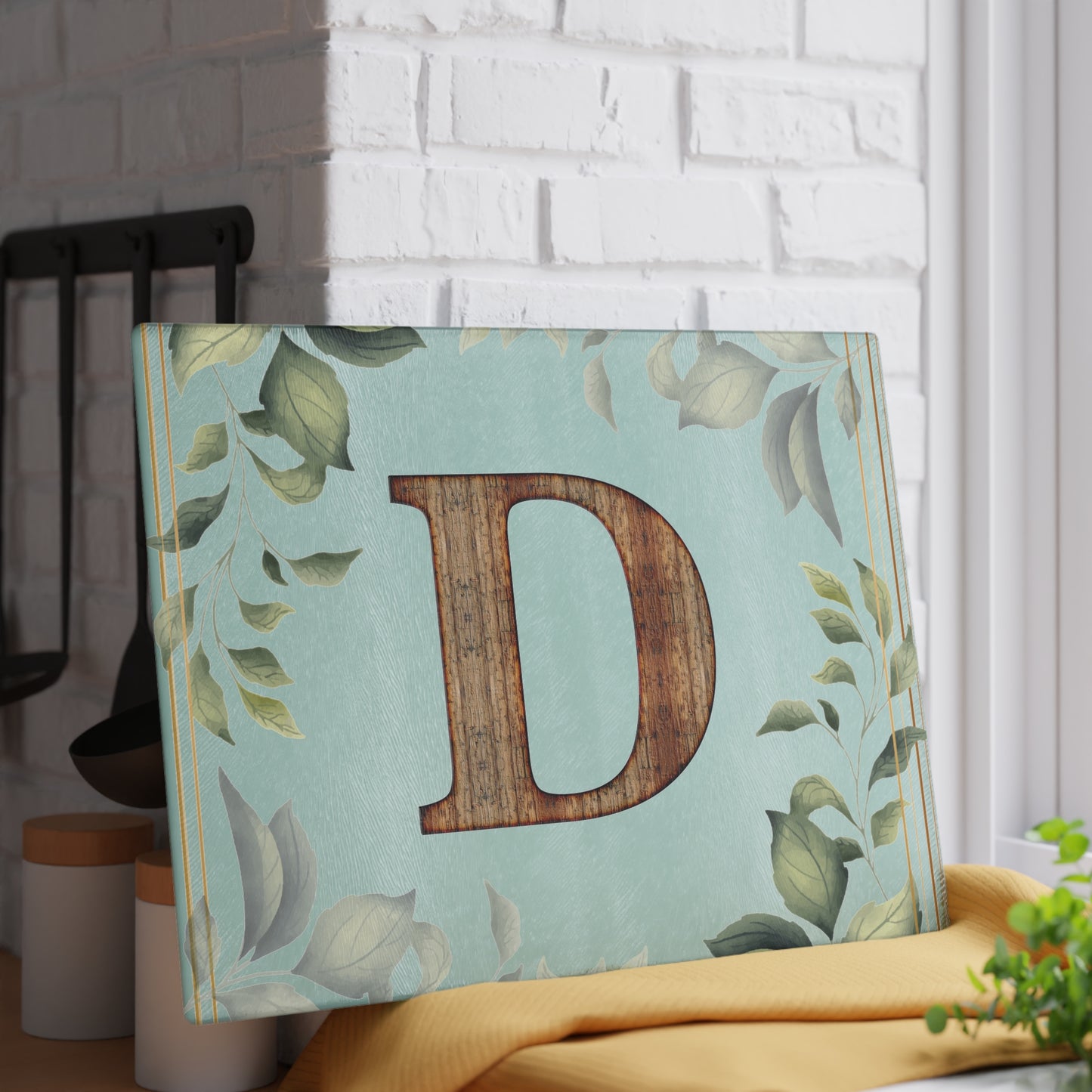 Floral Leaf Glass Cutting Board — Mint & White Decorative Kitchen Board