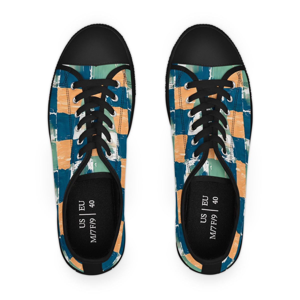 Canvas Sneakers — Hand-Painted Checkerboard in Teal, Orange & Mint