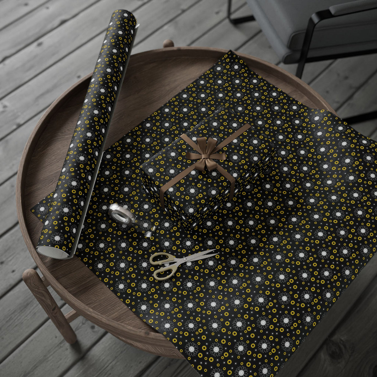 Sunflower Doodles Wrapping Paper Roll — Black & Yellow Floral Gift Wrap