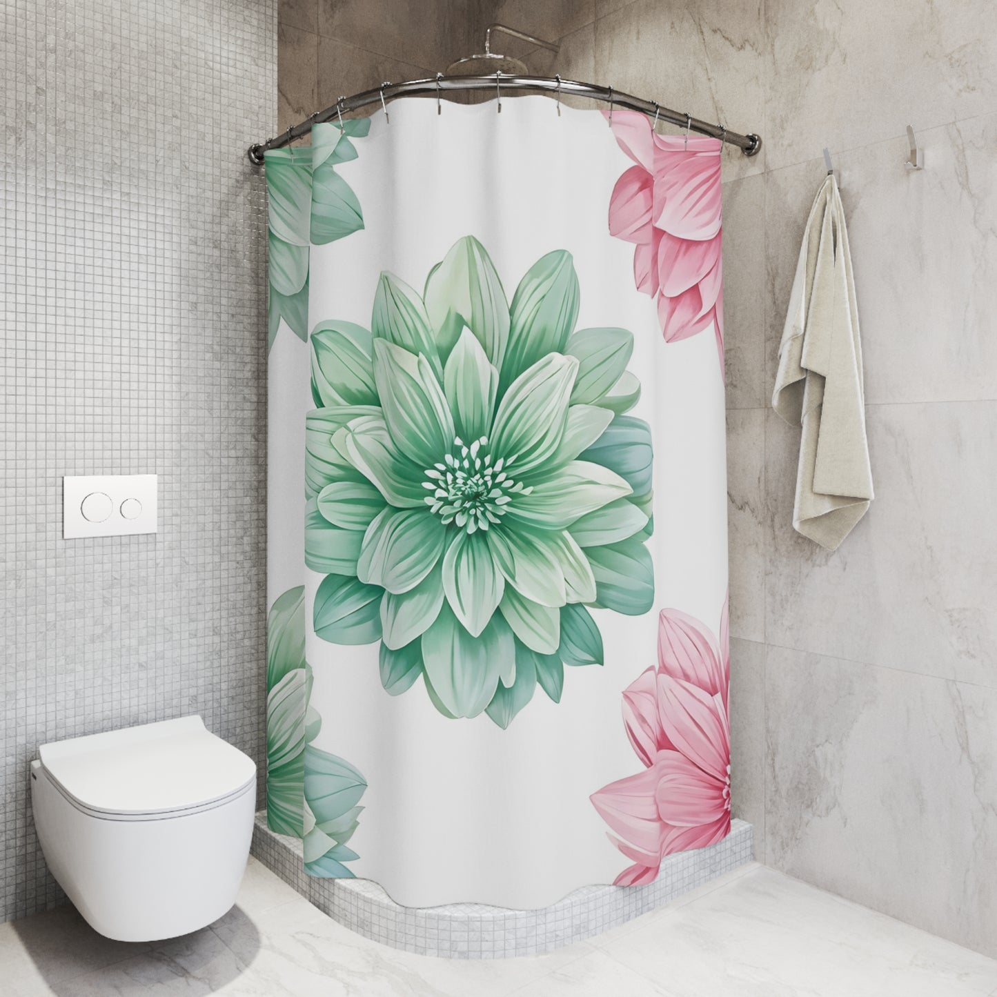 Floral Dahlia Shower Curtain — Soft Green & Pink Bathroom Decor