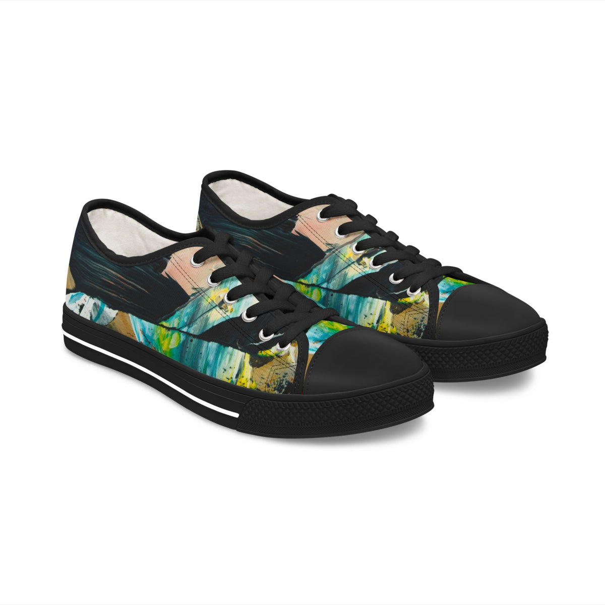Low Top Sneakers — Abstract Teal & Yellow Brushstroke Canvas Shoes