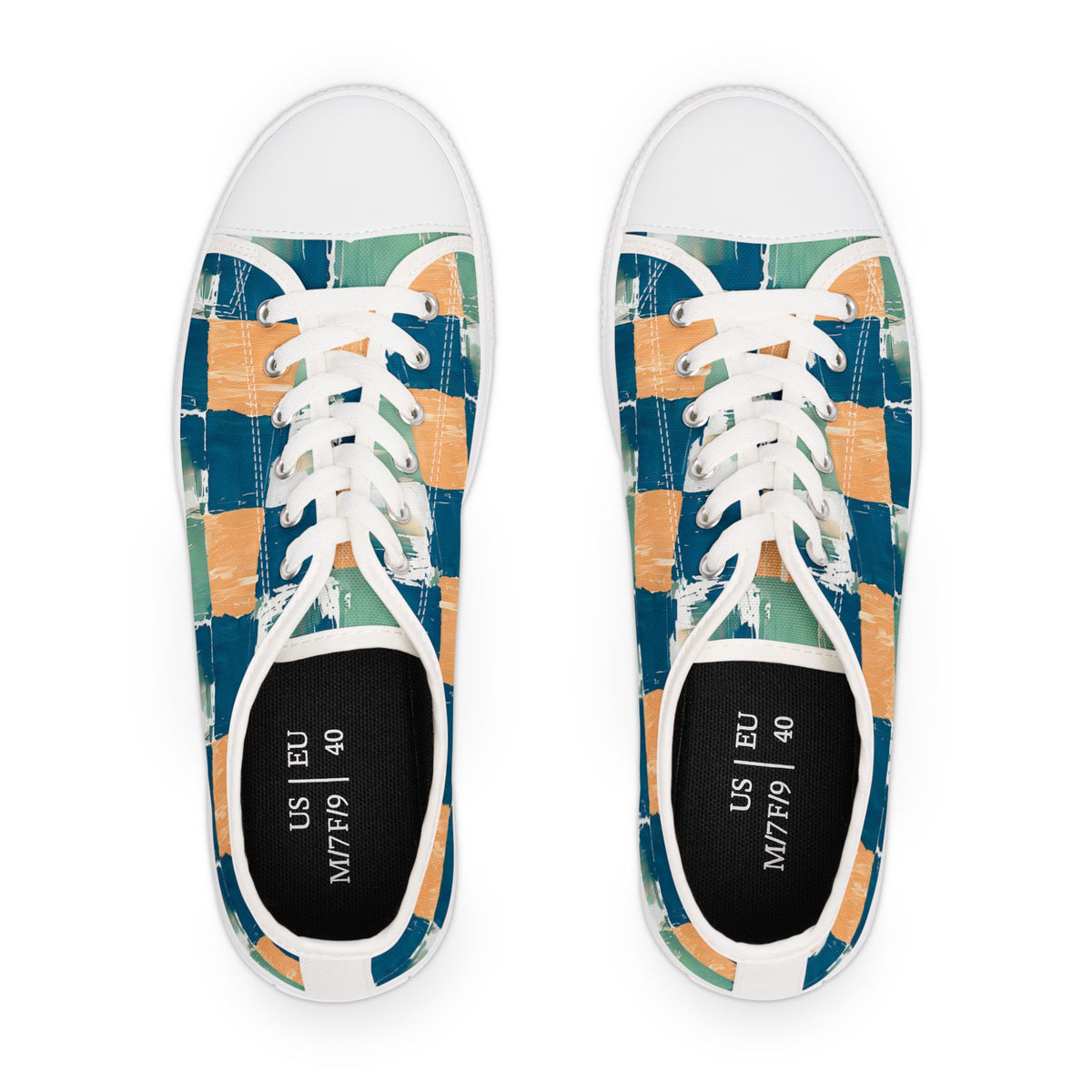 Canvas Sneakers — Hand-Painted Checkerboard in Teal, Orange & Mint