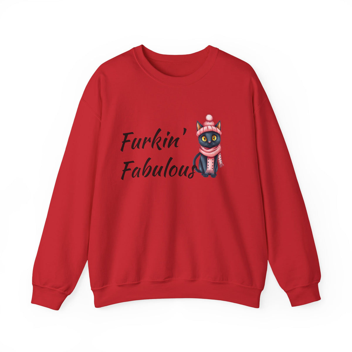 Crewneck Sweatshirt — "Furkin' Fabulous" Cute Black Cat in Pink Hat & Scarf
