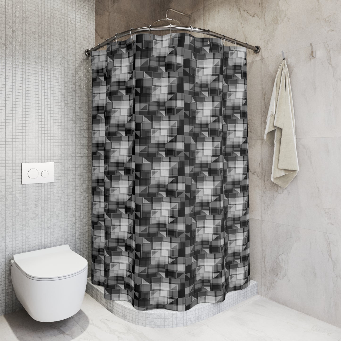 Geometric Pattern Shower Curtain for Modern Bathrooms, Chic Shower Decor, Black and White Bath Accessory, Stylish Home Upgrade