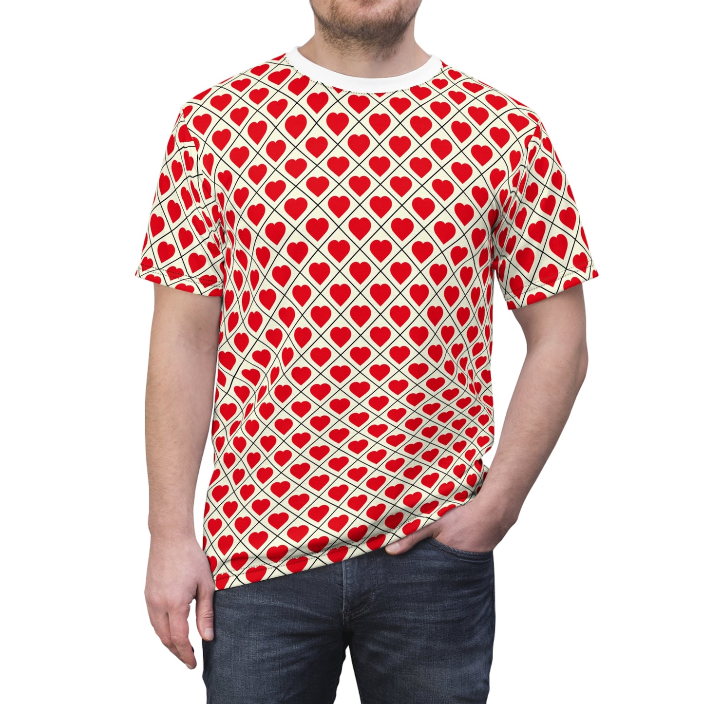 Allover Red Heart Pattern Tee – Valentine’s Day Cut & Sew Shirt