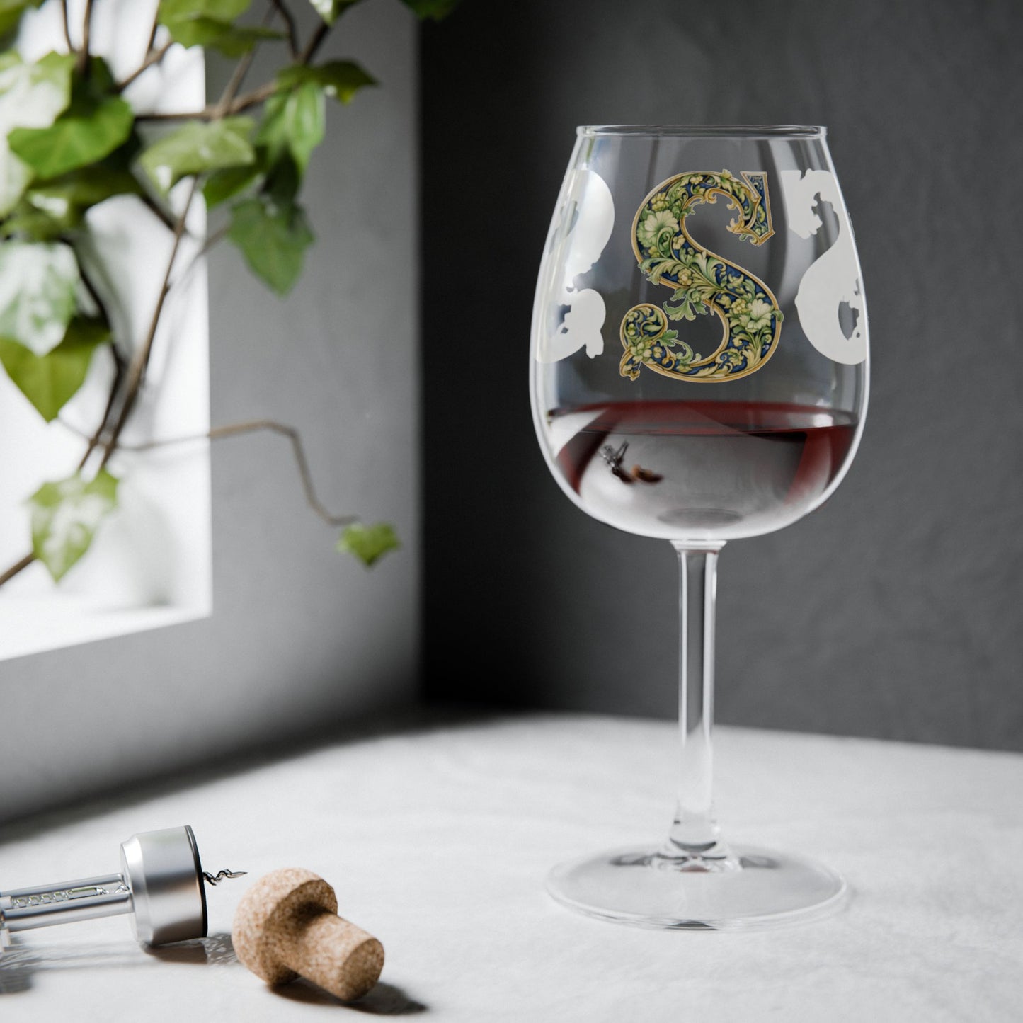 Monogram S Floral 12oz Wine Glass — Personalized Initial 'S' Stemmed Glass