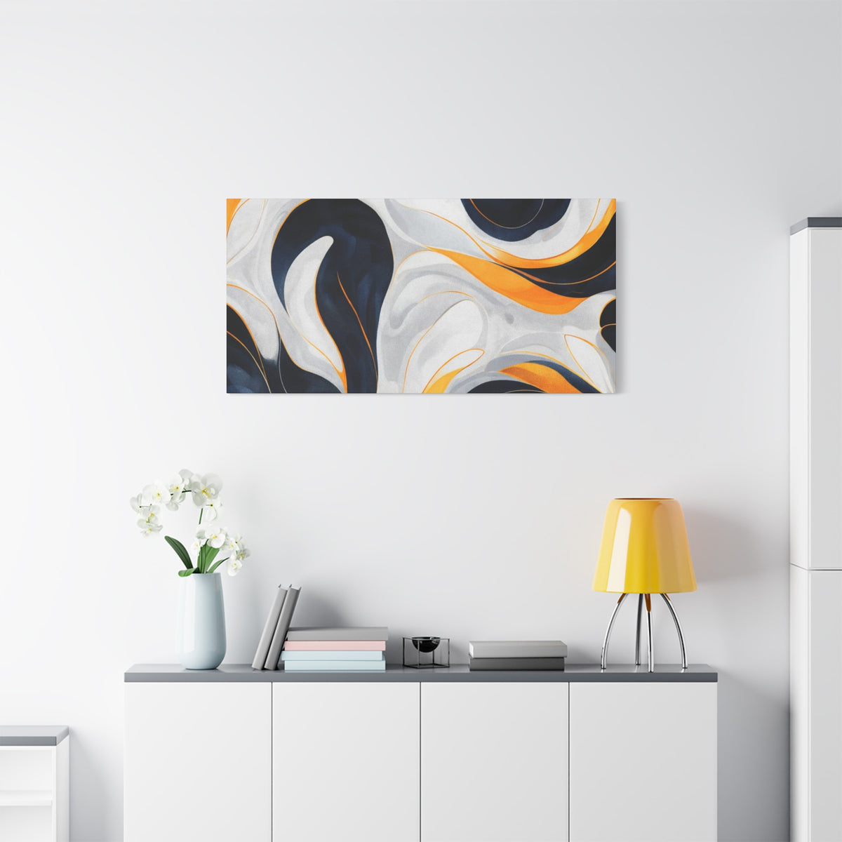 Abstract Fluid Art Matte Canvas Print — Navy, Gold & White Stretched Wall Art