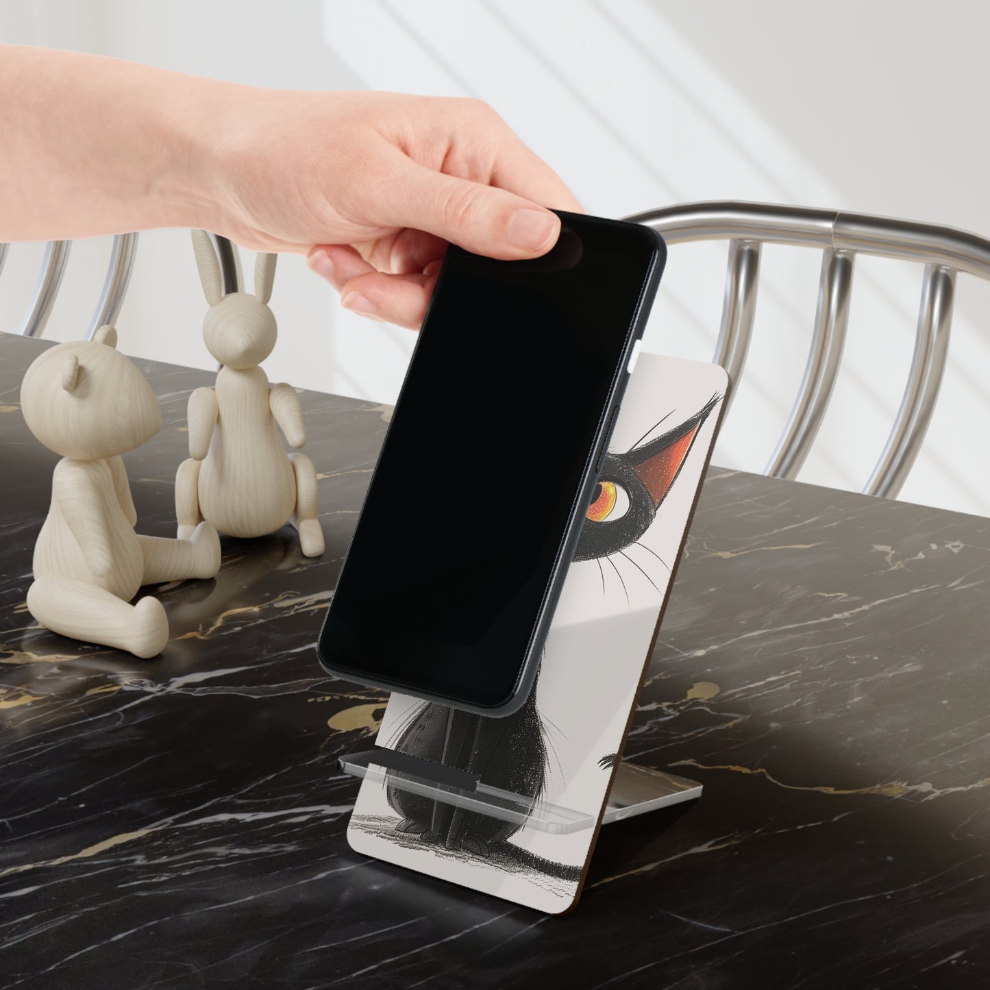 Cat Art Phone Stand — Cute Black Cat Smartphone Display Stand