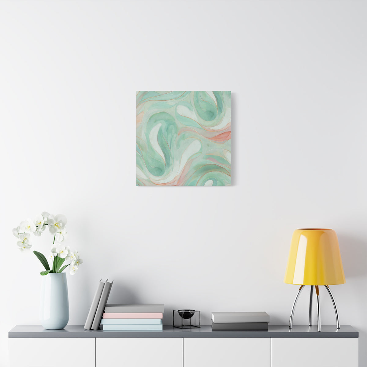 Abstract Green Marble Canvas Print — Teal & Coral Swirl Wall Art