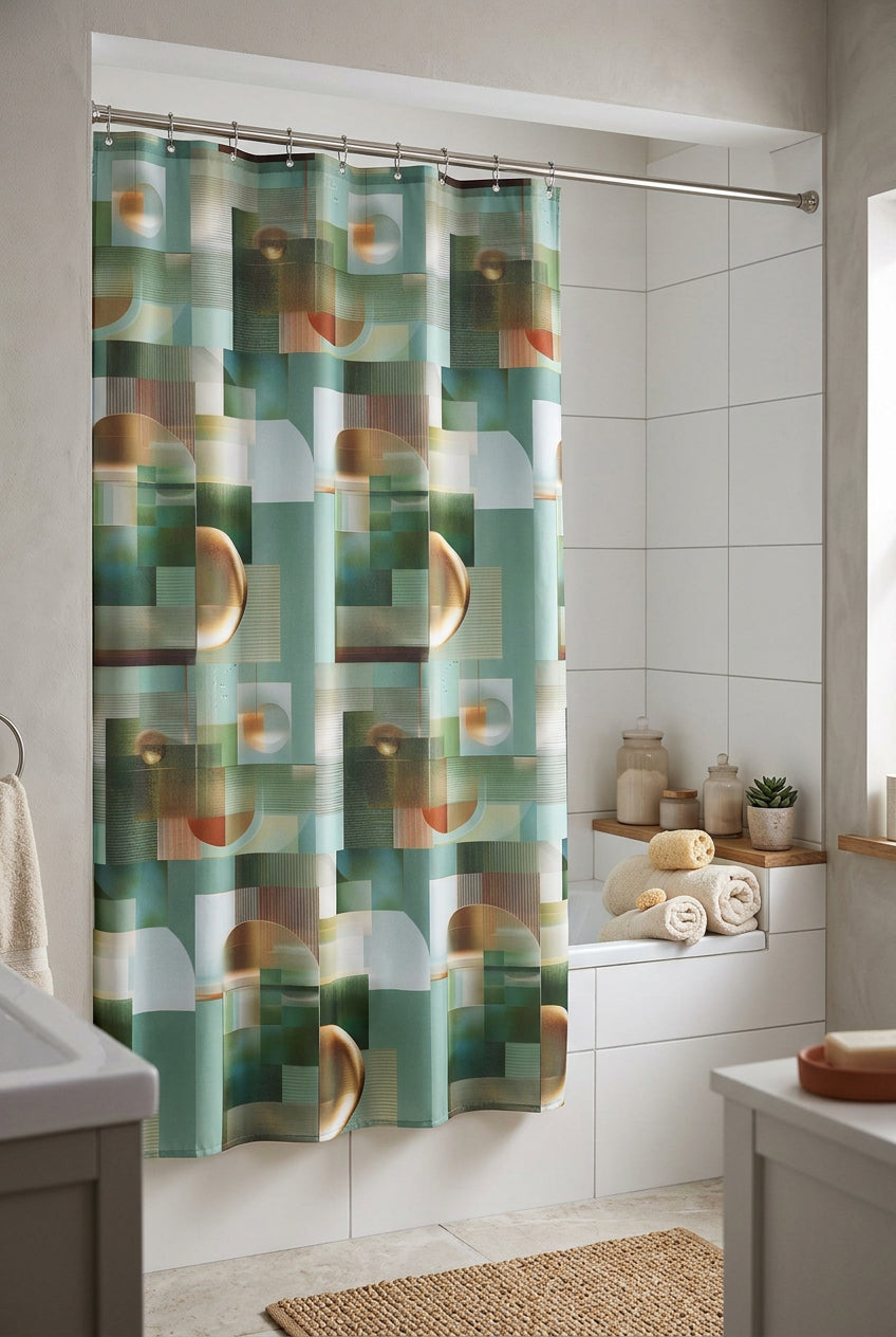 A shower curtain featuring an abstract geometric pattern with overlapping arches, circles, and rectangular blocks in muted green, beige, brown, and gray tones, hanging from a silver rod against a white background.