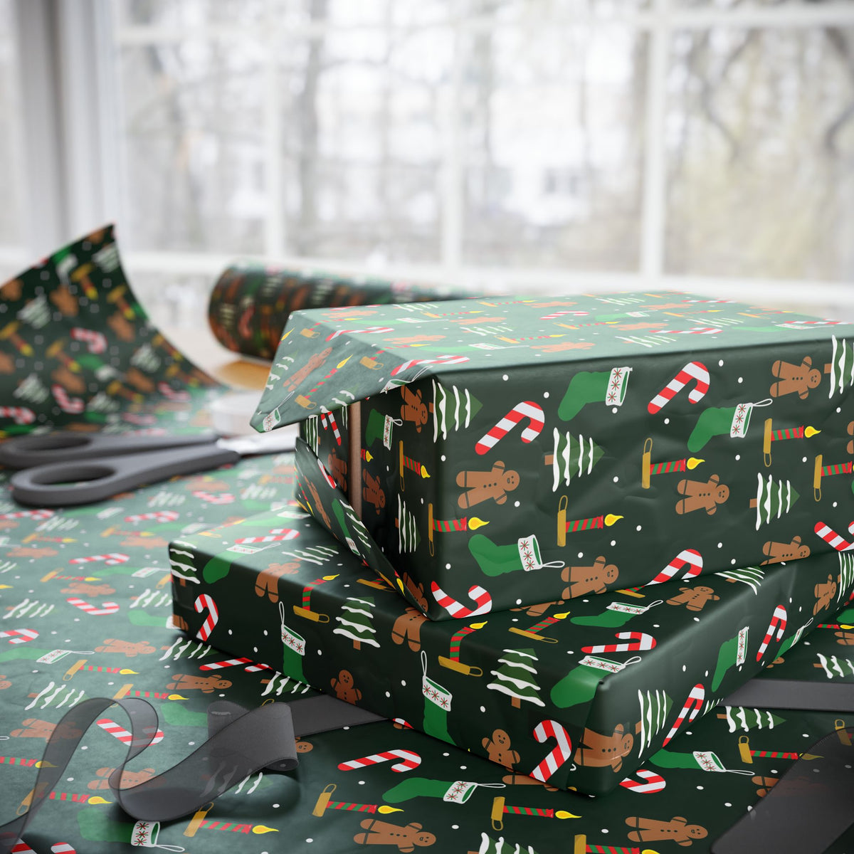 Christmas Wrapping Paper Roll — Gingerbread & Candy Cane Pattern on Dark Green