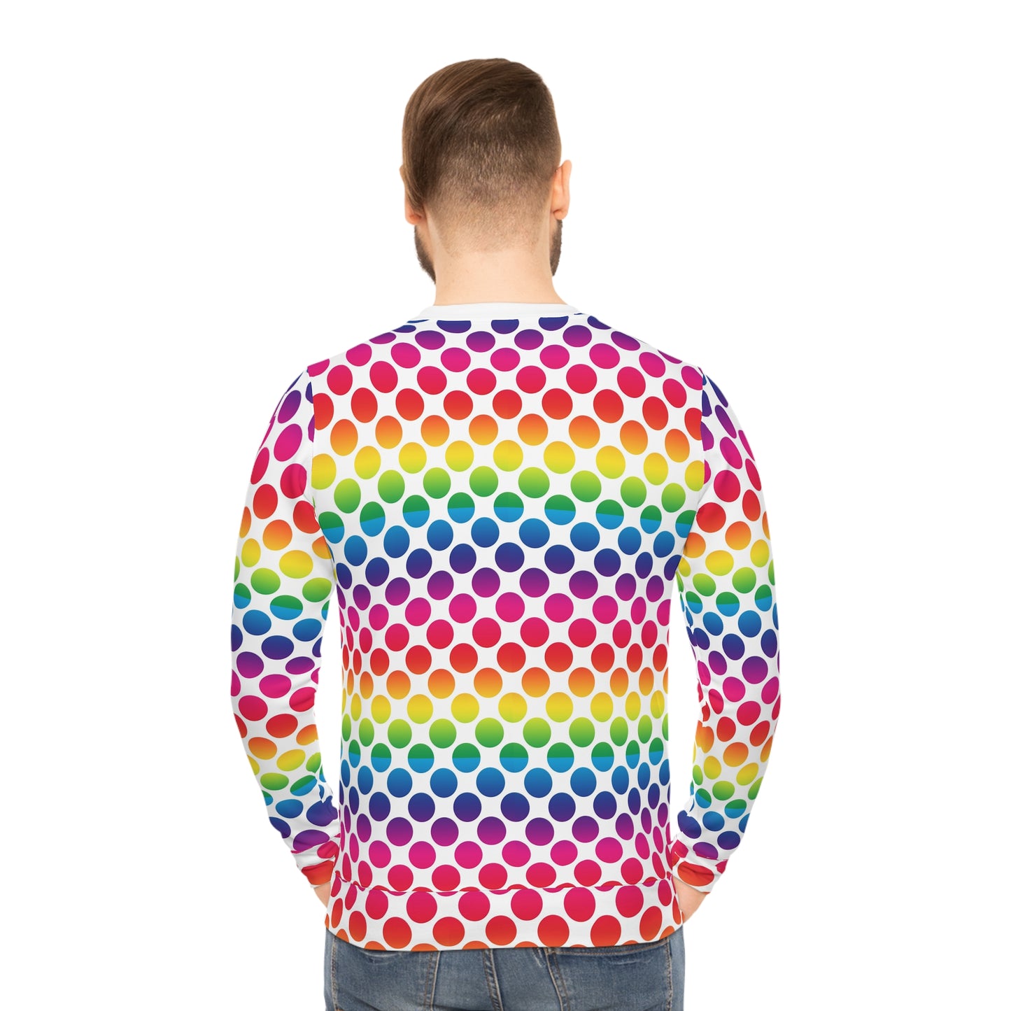 Colorful Dot Print Lightweight Sweatshirt, Rainbow Sweatshirt, AOP Pullover, Casual Cozy Sweater, Vibrant Graphic Top, Gift for Her