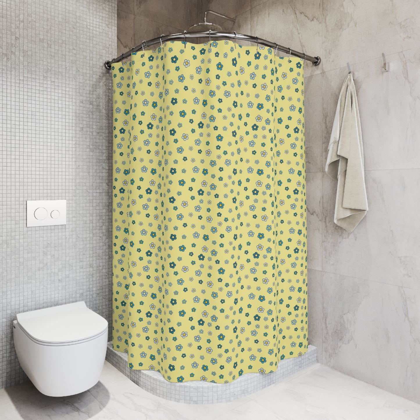 Floral Dot Shower Curtain — Yellow Blue Retro Flower Pattern
