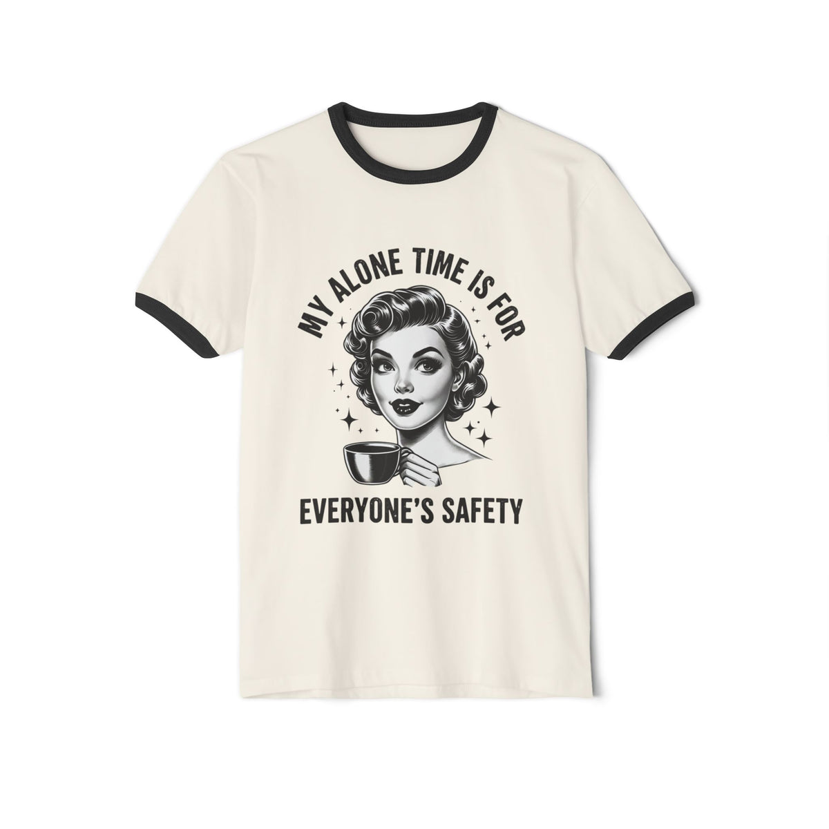Vintage Retro Ringer T‑Shirt — “My Alone Time Is For Everyone’s Safety” Coffee Graphic