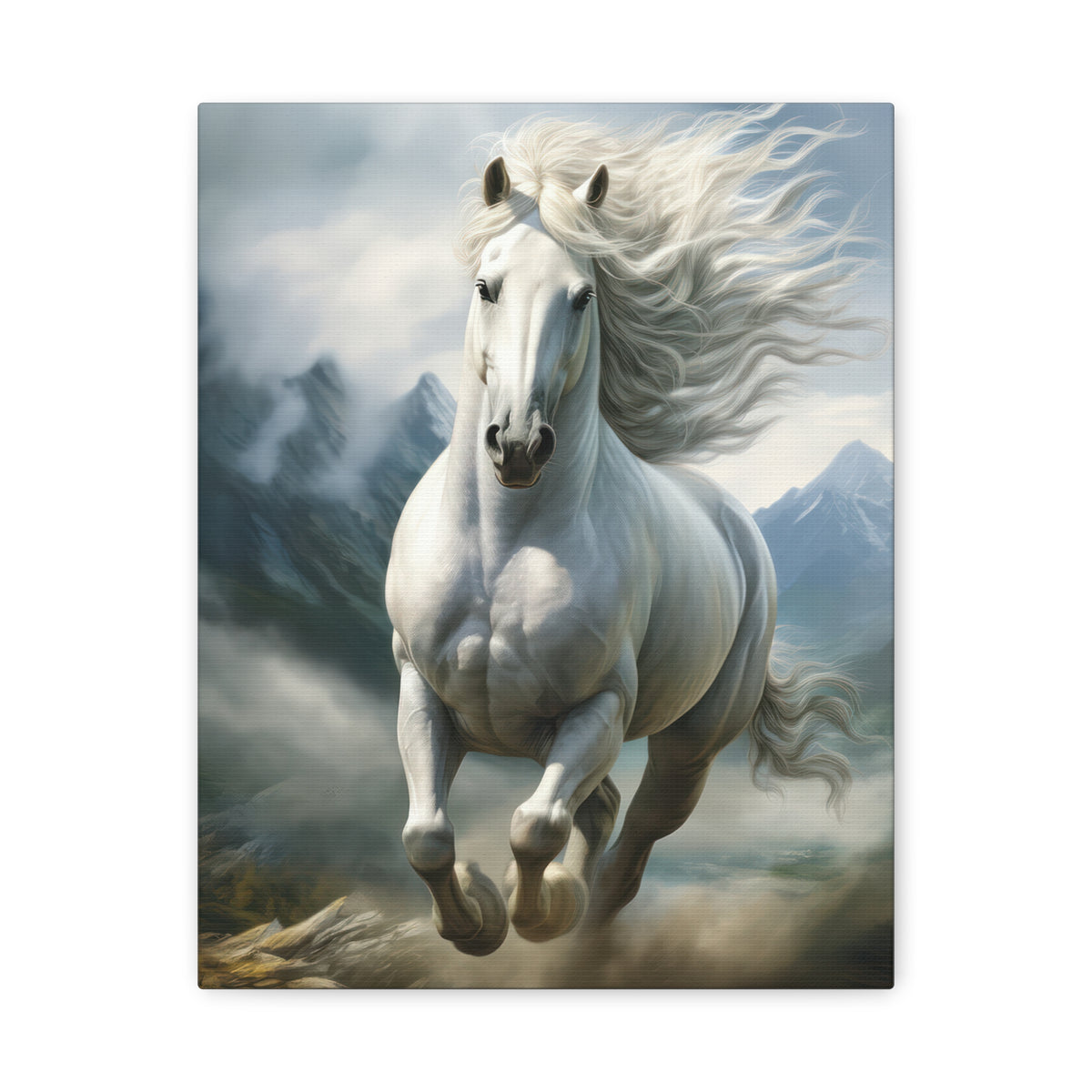 White Stallion Canvas Print – Majestic Galloping Horse Wall Art