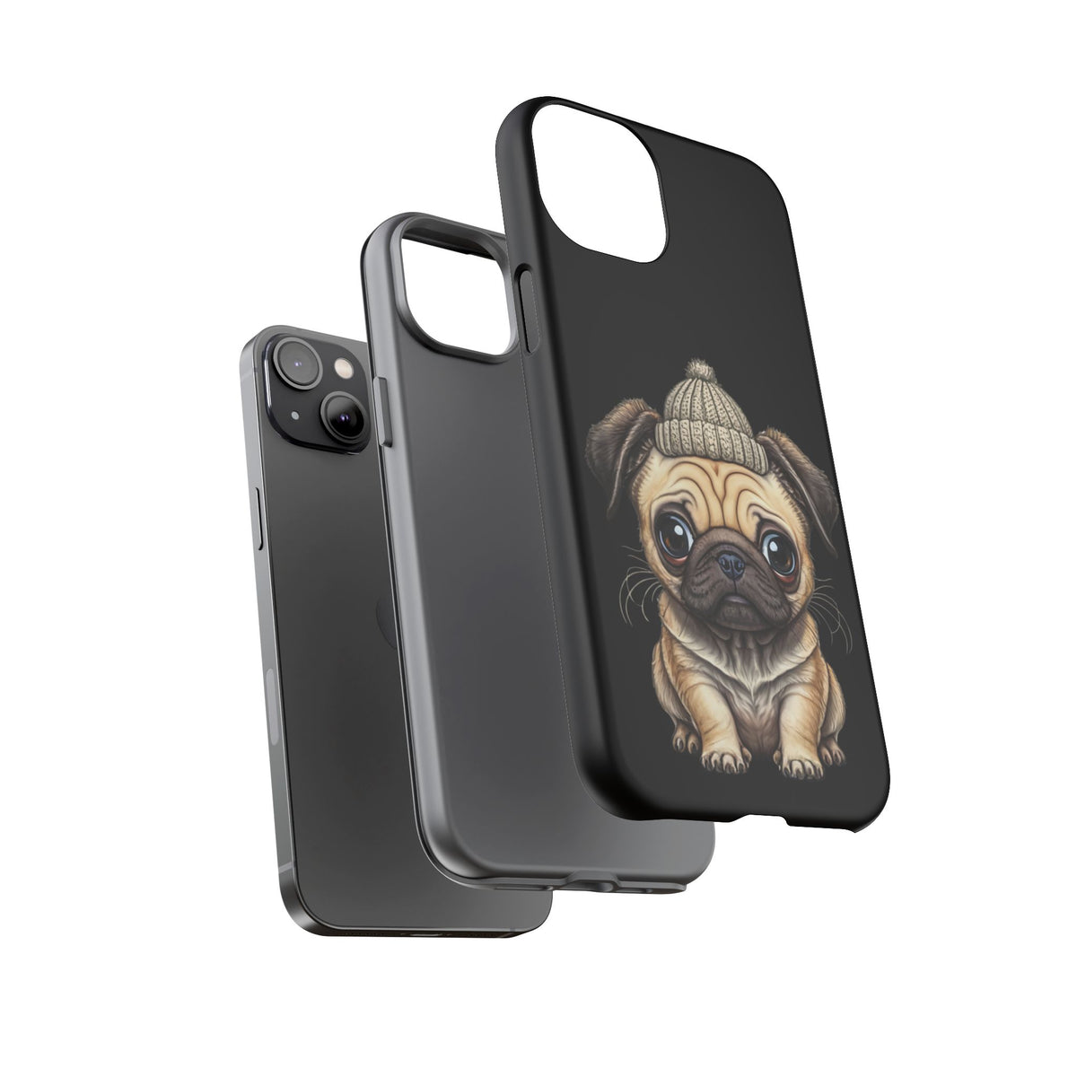 Pug Phone Case – Cute Pug Puppy Illustration on Black Tough Case